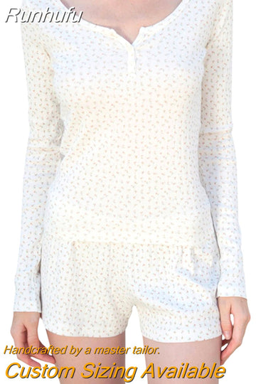 Runhufu Floral 2 Piece Set y2k Fairy Cottage Button O Neck Long Sleeve T-shirt + Shorts 90s Kawaii Lounge Matching Suits